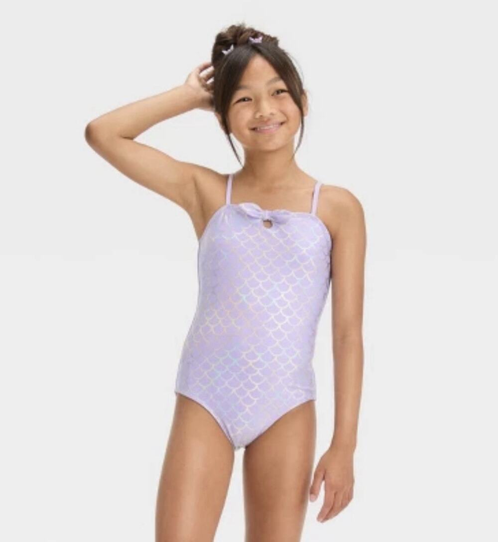 Cat & Jack Purple Mermaid Bow Adjustable Straps One Piece Swimsuit Size XL 14